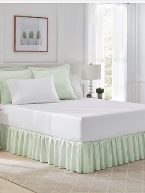 Laura Ashley Classic Cotton Ruffled BedSkirt Ticking Stripe Green-QUEEN